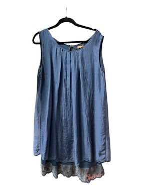 Amanti 100% Silk Navy Blue Overlay Lace Trim Sleeveless Dress Boho
